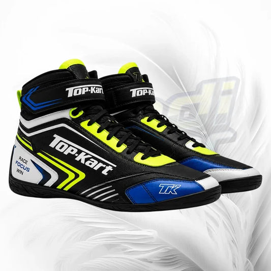 Top-Kart racing shoes with black, blue, and yellow design on a white background