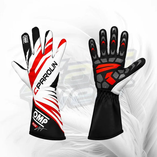 Parolin white red and black kart racing gloves with textured palm grip