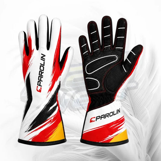 Parolin white red and black kart racing gloves with textured palm grip