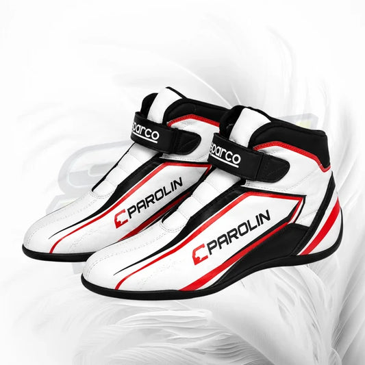 White racing shoes with black and red accents and Parolin branding on a white background