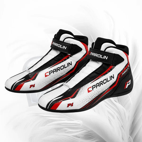 A pair of white, black, and red Parolin racing shoes with adjustable black straps, displayed on a white background with soft feather-like textures.
