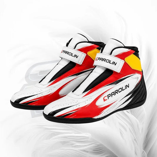 A pair of Parolin racing shoes in white, red, black, and yellow, displayed against a white feather-like background.