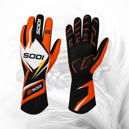 Sodi orange black and white karting racing gloves with textured grip