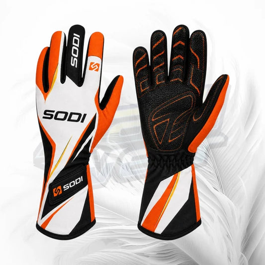 Sodi orange white and black karting racing gloves with textured grip palm
