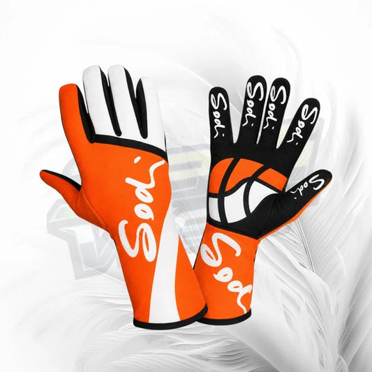 Sodi orange black and white karting racing gloves with textured grip palm