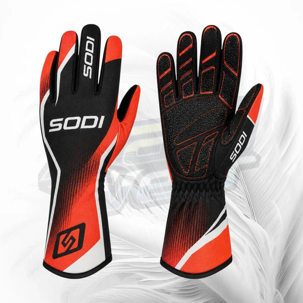 Sodi black red and white karting racing gloves with textured grip palm