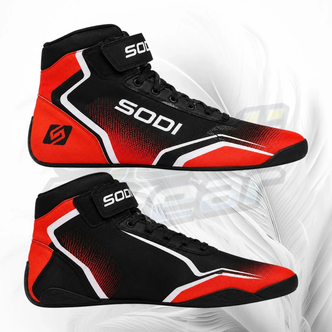 Black and red racing shoes with 'SODI' branding on a white background