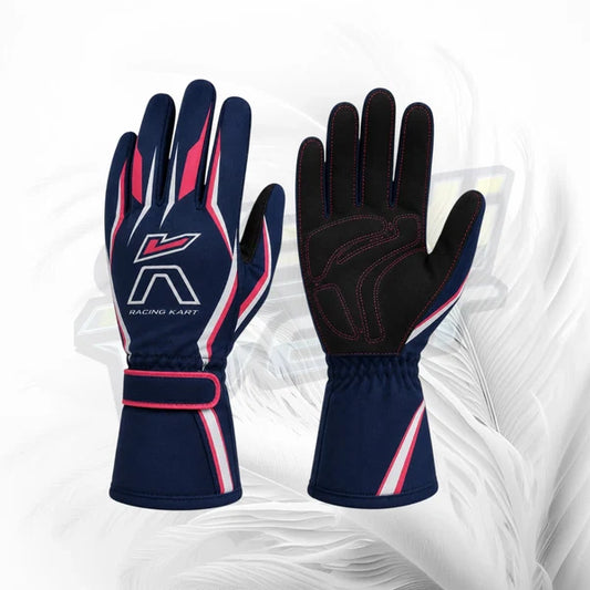 Pair of racing gloves with a visible brand logo on a white background