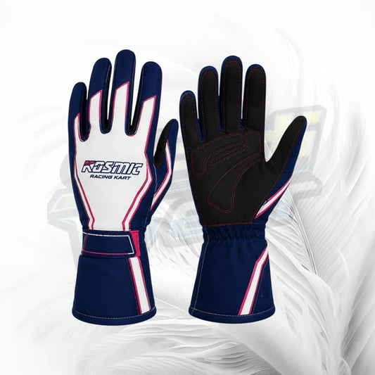 Pair of racing gloves with 'Rosmic Racing Kart' branding on a white background