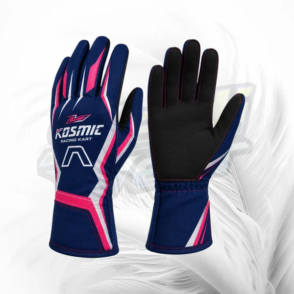 Pair of Kosmic racing kart gloves on a white background