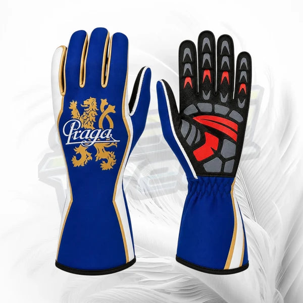 Praga blue and gold kart racing gloves with textured palm grip
