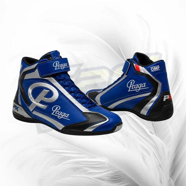Blue and black racing shoes with 'Praga' branding on a white background