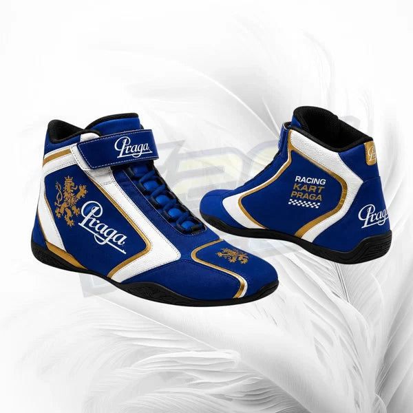 Blue and white racing shoes with 'Praga' branding on a white background