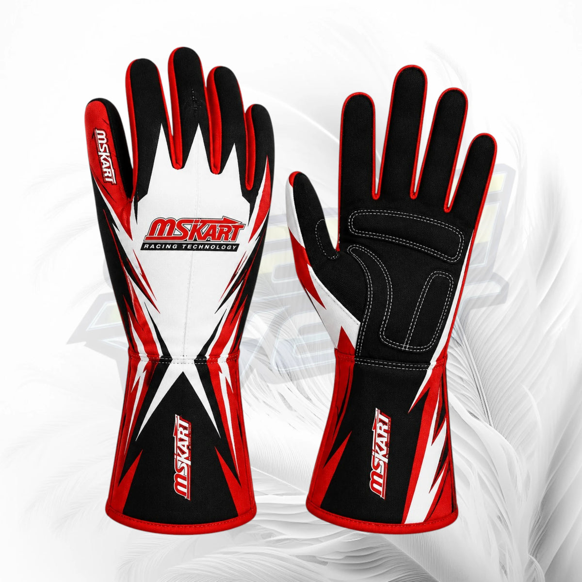 A pair of Mskart racing gloves shown against a white and gray abstract background. One glove is oriented to show the back of the hand with a white, black, and red graphic pattern, and the other shows the palm side in black with red and white stitching.