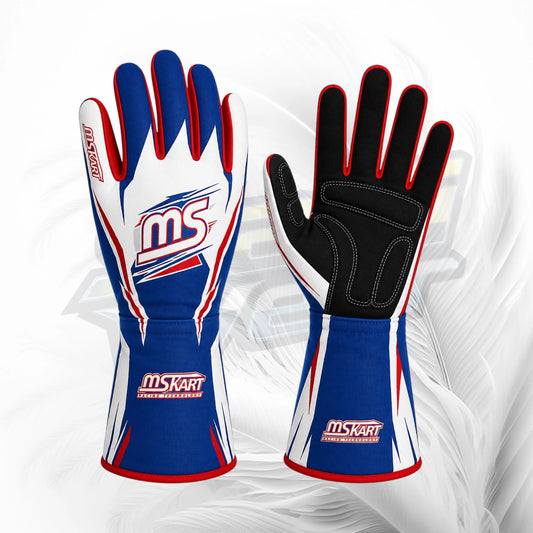 MS Kart blue white and red kart racing gloves with black palm grip
