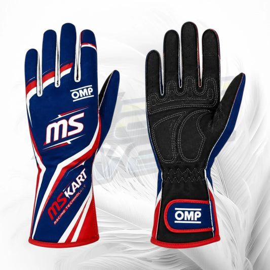 MS Kart blue white red karting gloves with black grip palm