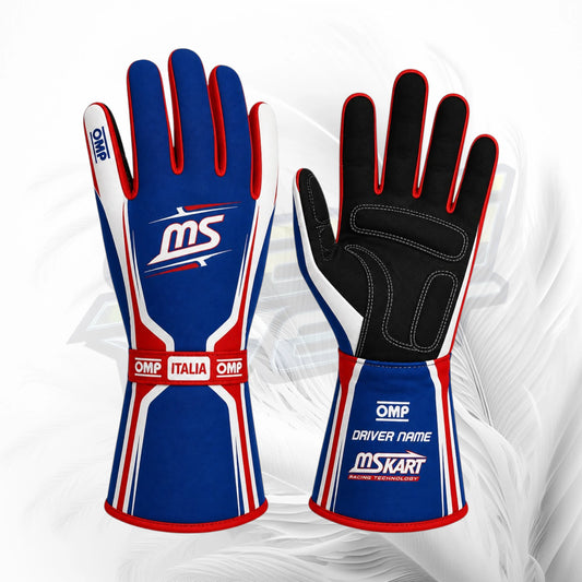 A pair of racing gloves shown front and back on a white background with subtle gray graphic swirls. The gloves are blue, white, and red, with a black palm side.