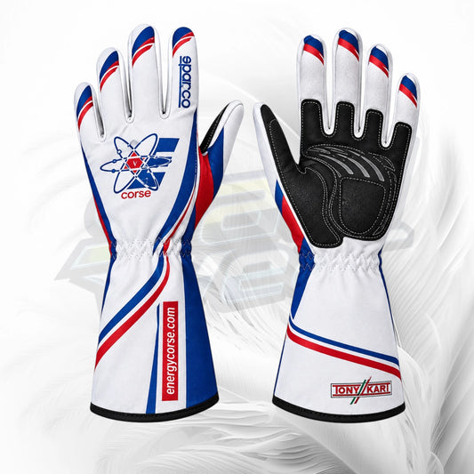 A pair of Sparco Corsa racing gloves shown front and back on a white background with subtle gray graphic swirls. The gloves are primarily white with blue and red stripes, a black textured grip panel on the back of the hand, and sponsor logos including Energycorse.