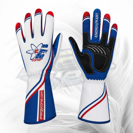 A pair of custom racing or sports gloves shown from both the back and palm sides. The gloves are primarily white with royal blue panels, red stripes, and black grip padding on the palms.