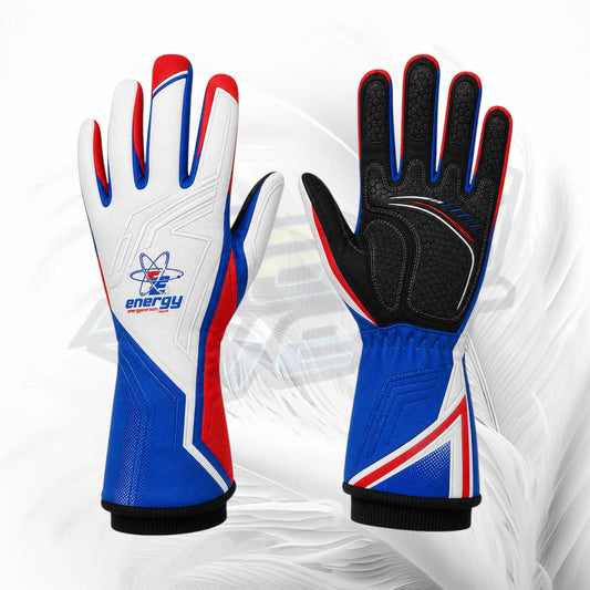 A pair of athletic gloves shown front and back on a white abstract background. The left glove is palm side, with a white back, blue and red finger panels, and a visible 'energy' logo.