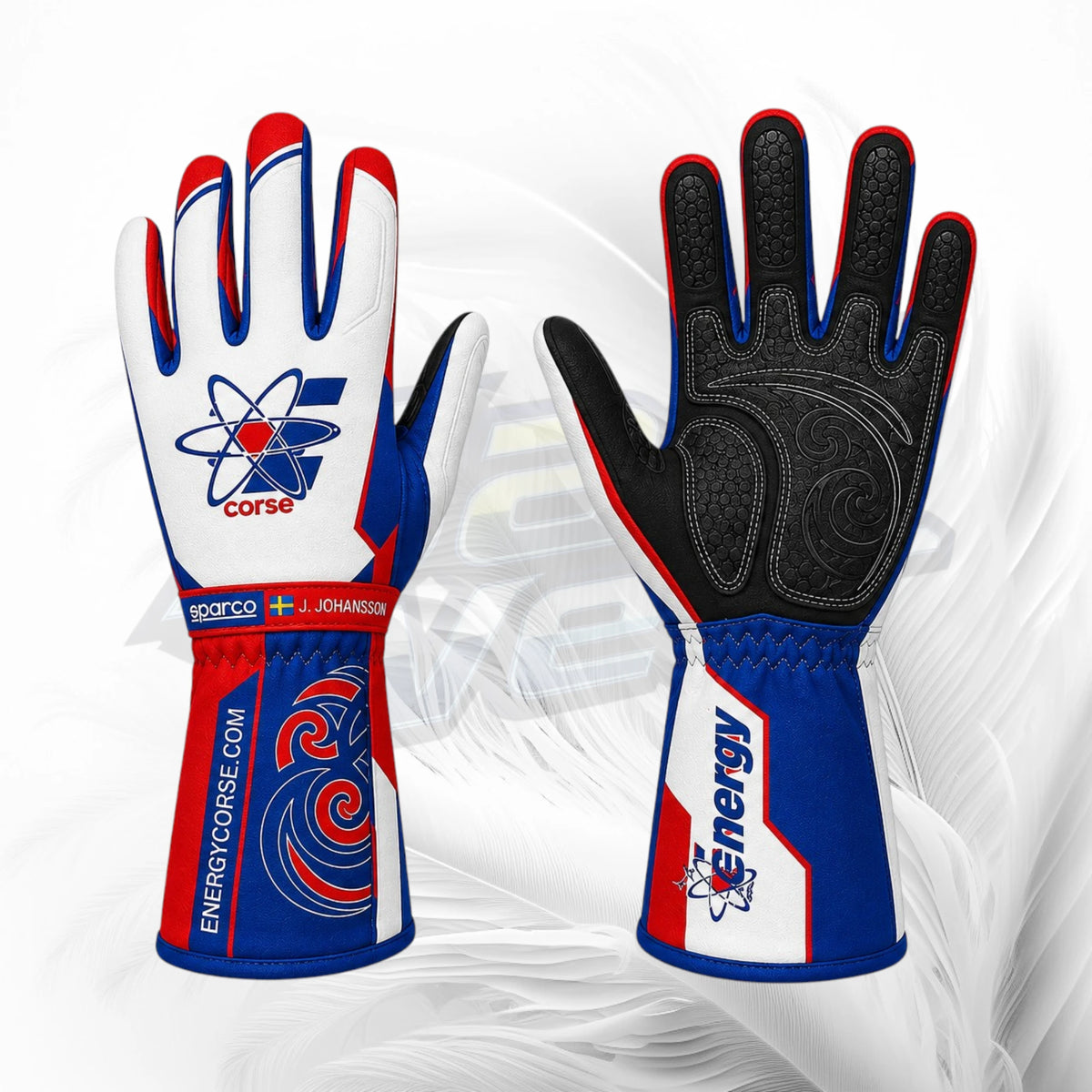 A pair of full-print motocross gloves shown front and back on a white and gray abstract background. The gloves are white, blue, and red with a black textured back.