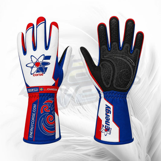 A pair of full-print motocross gloves shown front and back on a white and gray abstract background. The gloves are white, blue, and red with a black textured back.