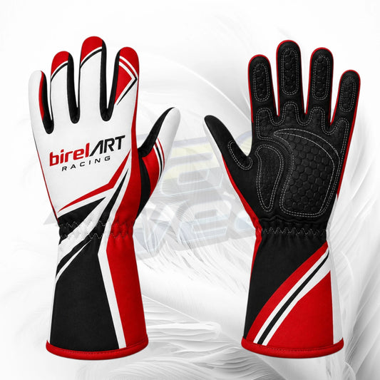 A pair of custom racing gloves shown front and back. The gloves feature a white, black, and red color scheme with textured black grip panels on the palms and a white, black, and red 'birelART RACING' logo on the back.