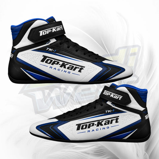 A pair of Top-Kart Racing high-top racing shoes in white, black, and blue, displayed against a white background with a faint gray logo watermark.