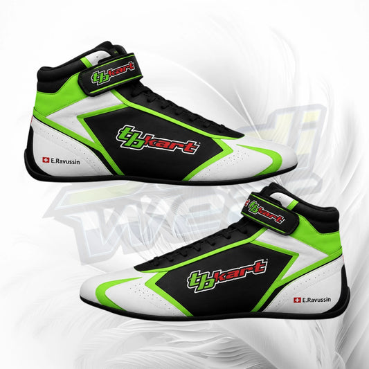 A pair of high-top racing shoes in black, white, and neon green, featuring '4bkart' and 'E.Ravussin' branding, displayed against a white background with subtle gray graphic swirls.