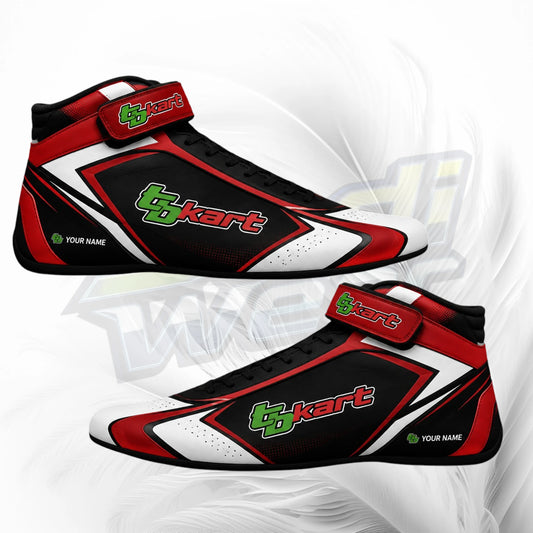 A pair of high-top racing shoes in black, red, and white, featuring a prominent green and white '6skart' logo on the side and a matching red strap with a '6skart' label. The shoes are displayed against a white background with a faint gray graphic overlay.