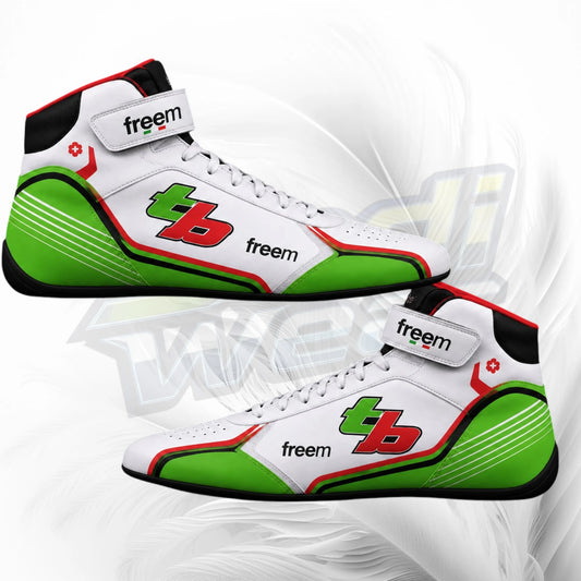 A pair of high-top racing-style sneakers shown on a white abstract background. The shoes are primarily white with bright green side panels, black trim, and red accents, including a large red and green 'tb' logo and smaller 'freem' branding.