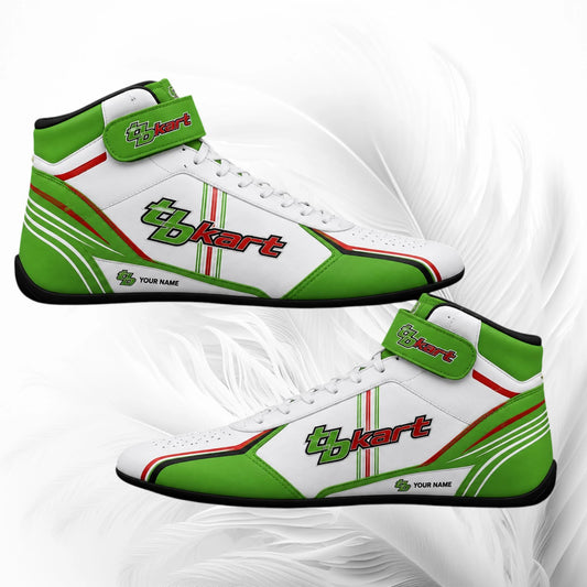 A pair of white high-top racing shoes with bright green panels, red and green stripe accents, and a green 'tBkart' logo on the side, shown on a white feather-patterned background.