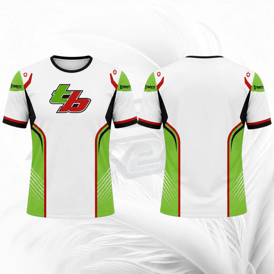 Front and back views of a white short-sleeve athletic jersey with green and red side panels, black trim, a green and red chest logo, and green shoulder patches with a red logo.