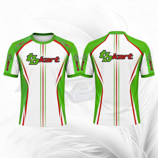 Front and back views of a short-sleeve athletic jersey with a white base, bright green side panels and shoulders, thin red and green vertical stripes, and a large green and red 't3kart' logo across the chest.