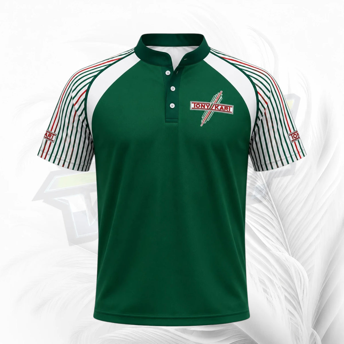 A green short-sleeve polo shirt with white and red striped raglan sleeves, featuring a 'CONVAKART' logo on the left chest, displayed on a white background with a subtle leaf pattern.