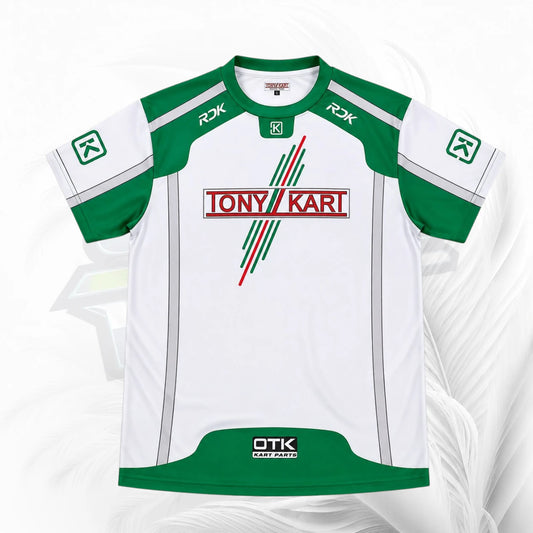 A white and green esports jersey featuring 'TONY KARI' in red and green on the chest, with 'OTIK GATEWAY' on the bottom hem and 'RJK' on the shoulders.