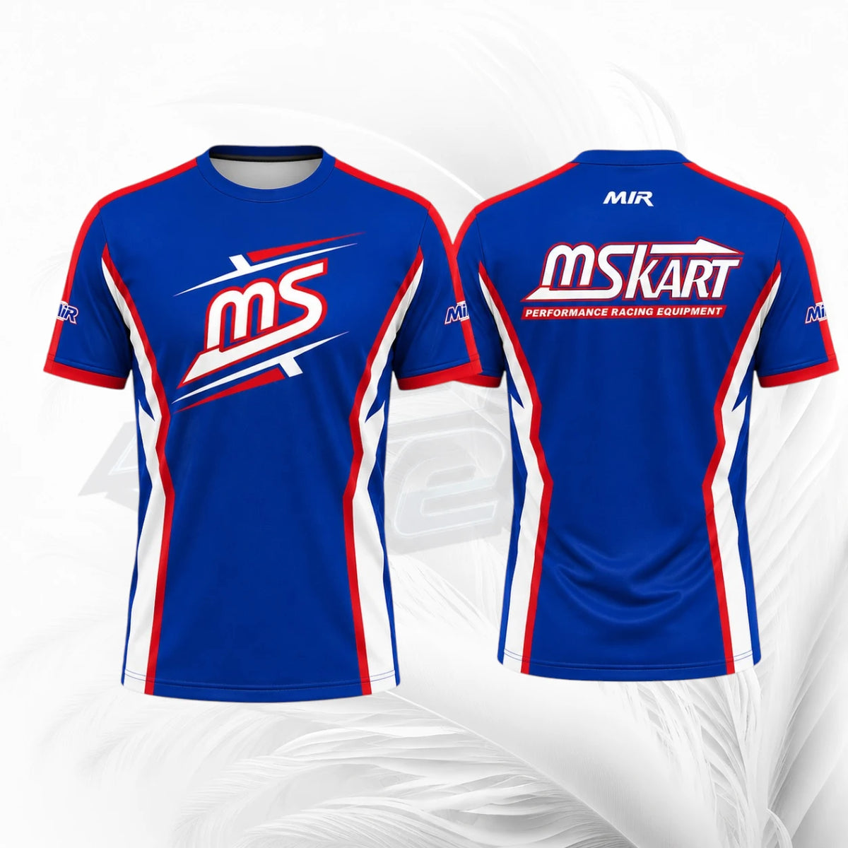 Front and back views of a blue short-sleeve athletic t-shirt with red and white accents, featuring 'ms skart' branding on the front and back.