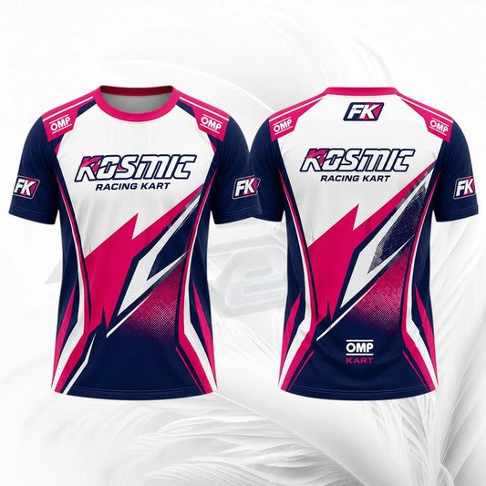 Front and back views of a short-sleeve racing t-shirt featuring a navy blue, white, and hot pink graphic design with 'Kosmic Racing Kart' and sponsor logos 'OMP' and 'FK'.