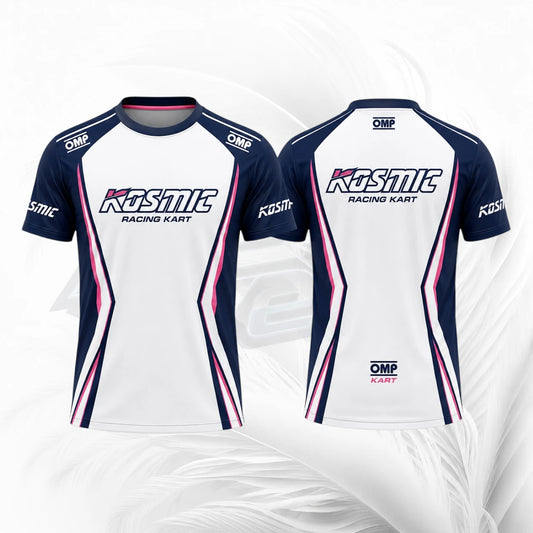 Front and back views of a short-sleeve racing jersey. The jersey is primarily white with navy blue sleeves, collar, and side panels, accented with pink and white stripes.
