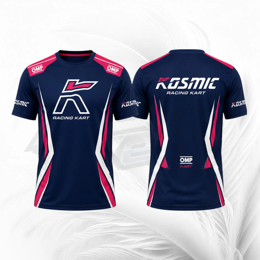 Front and back views of a navy blue short-sleeve racing jersey with pink and white graphics. The front features a stylized 'K' logo with a red accent, 'RACING KART' text, and 'OMP' sponsor logos on the shoulders.
