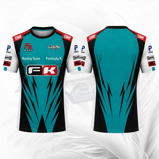 Front and back views of a short-sleeve athletic jersey with a teal, black, and white color scheme, featuring sponsor logos such as DAMIP, MG, and PK Racing Team Formula K.