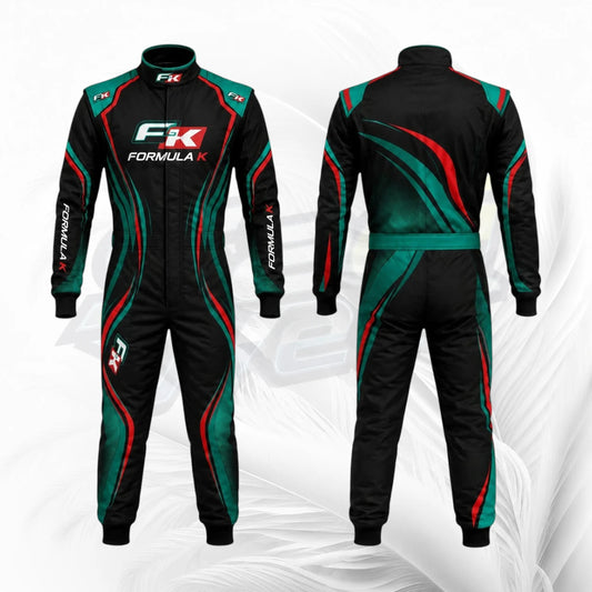 Front and back views of a black full-zip racing suit with green and red graphic stripes, featuring 'F1' and 'FORMULA 1' branding on a white textured background.