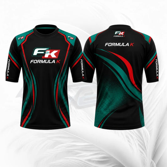 Front and back views of a short-sleeve Formula K athletic jersey. The jersey is primarily black with green and red graphic patterns, featuring the 'FXK FORMULA K' logo on the chest and sleeves.