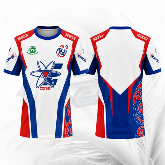 Front and back views of a white, blue, and red short-sleeve sports jersey with multiple sponsor logos and team graphics, displayed on a light gray abstract background.