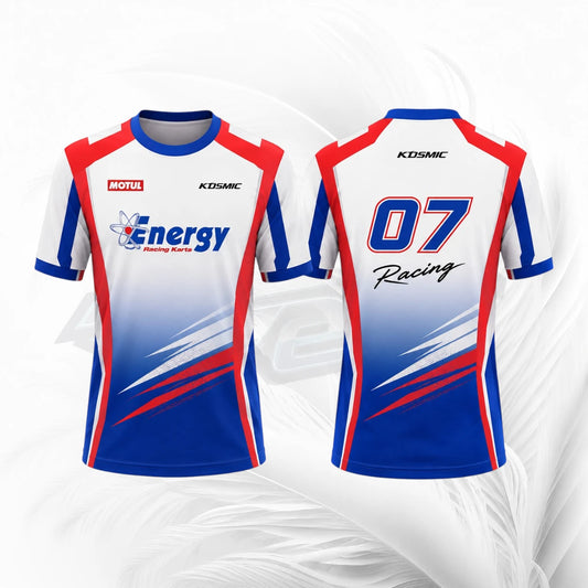 Front and back views of a short-sleeve racing jersey. The jersey has a white base with a blue gradient at the bottom, red side stripes, and blue and red accents.