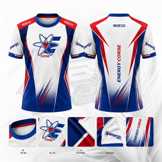 Front and back views of a custom esports jersey for 'Source Energy Corsé' with red, blue, and white graphics, shown alongside detail insets of the collar, print, fabric texture, and design layout.