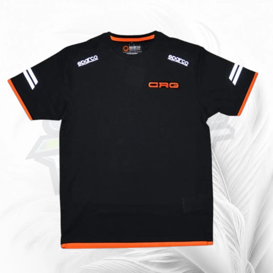 A black short-sleeve crewneck t-shirt with orange and white accents. The shirt features 'sparco' logos on the shoulders, an orange 'ORO' chest logo, and orange and white stripe details on the sleeves.