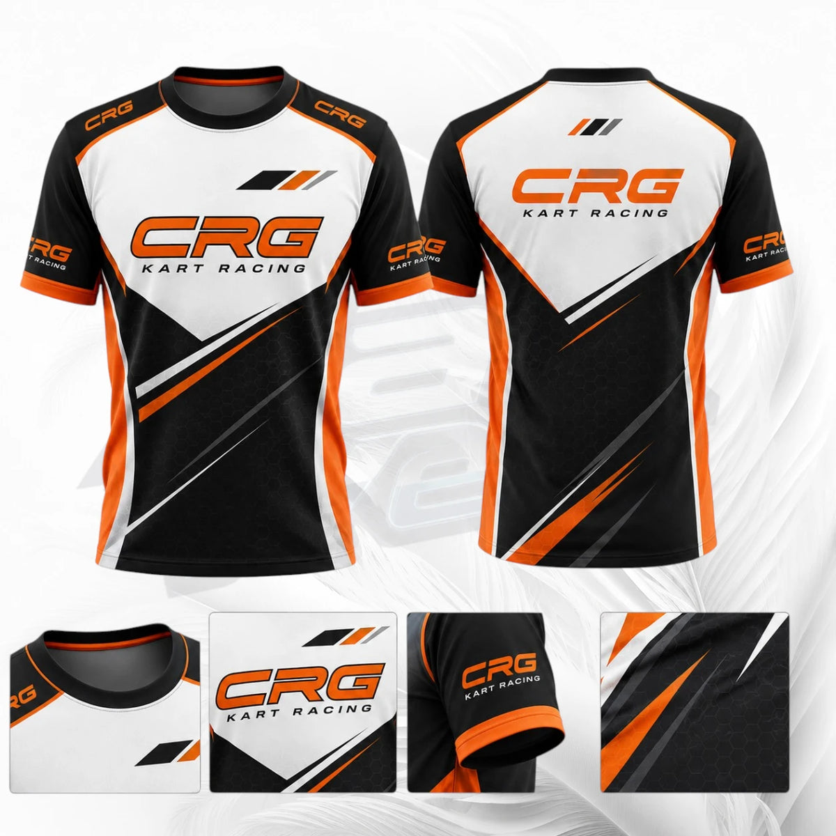 Front and back views of a short-sleeve racing t-shirt with black, white, and orange graphics. The shirt features 'CRG KART RACING' printed on the chest and sleeves, with abstract diagonal stripes.