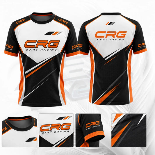 Front and back views of a short-sleeve racing t-shirt with black, white, and orange graphics. The shirt features 'CRG KART RACING' printed on the chest and sleeves, with abstract diagonal stripes.