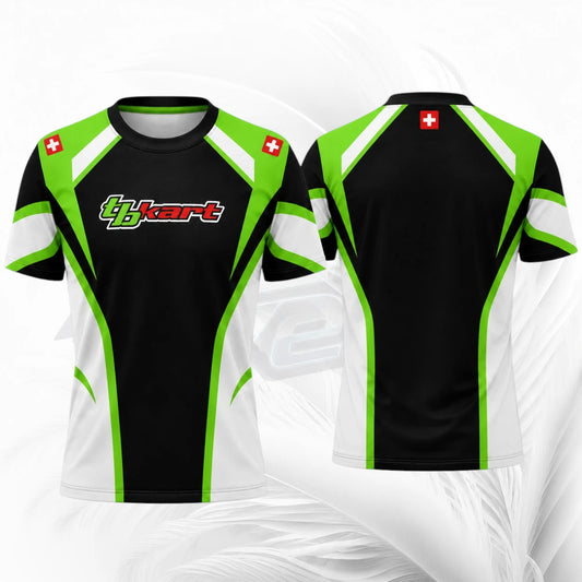Front and back views of a short-sleeve athletic jersey in black, white, and neon green, featuring a '46kart' logo on the front, Swiss flag patches on the shoulders, and a small Swiss flag on the back neck.